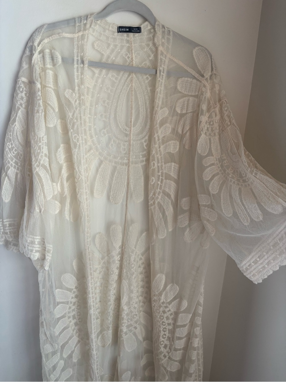 Shein Ivory Embroidered Sheer Kimono